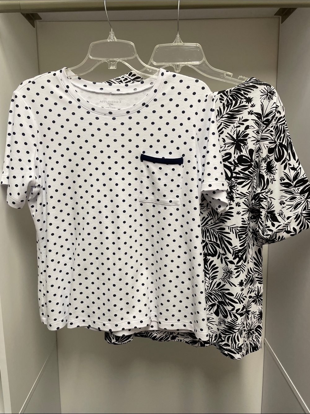 Appleseed’s Navy and White Polka dot and Black and White Tropical Print tops